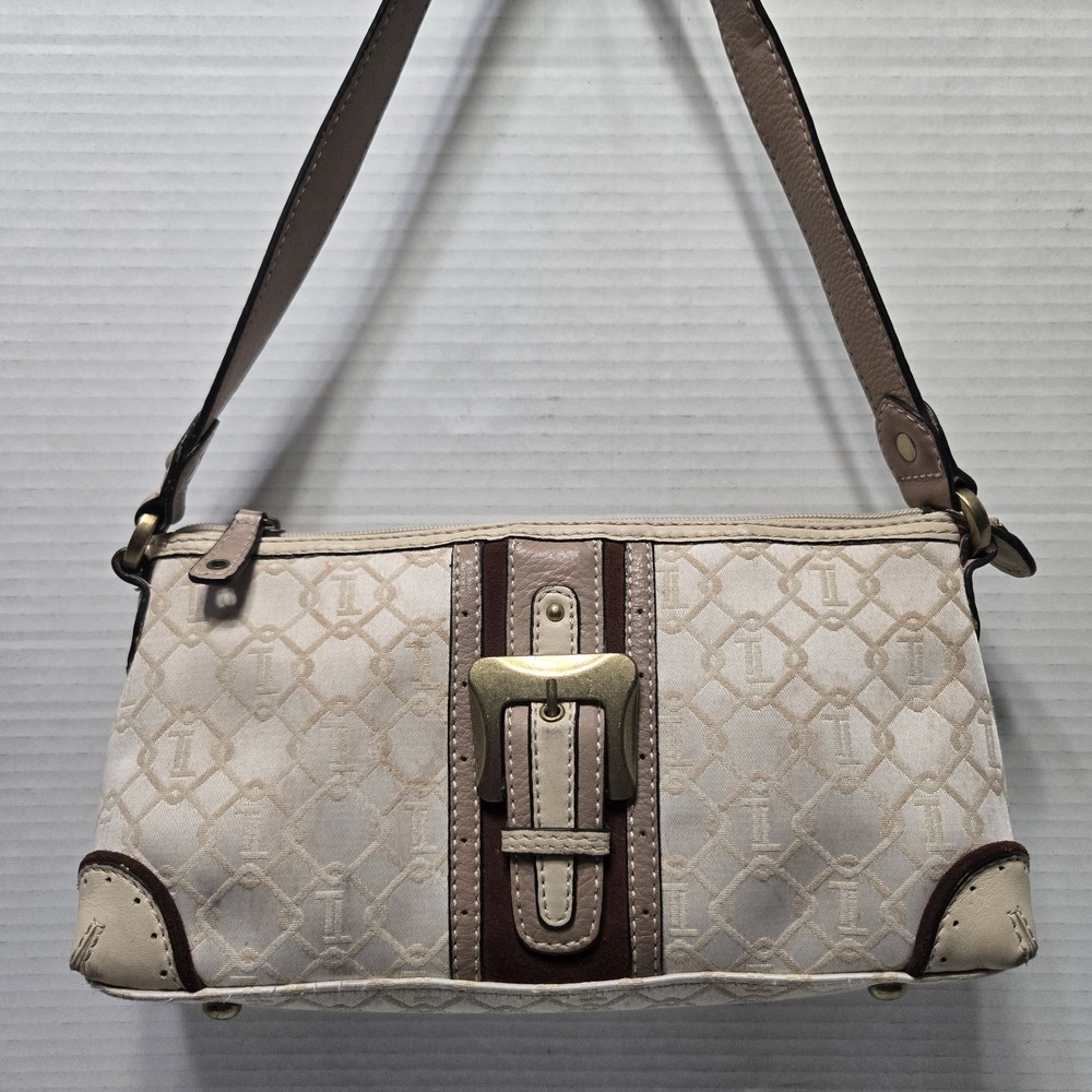 Vintage Tignanello Monogram Canvas Shoulder Bag Beige Tan Leather Buckle Purse